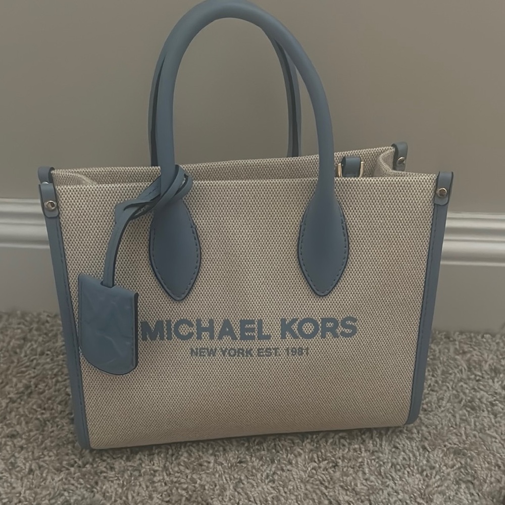 Michael Kors Blue and Cream Tote Bag with Structured Design